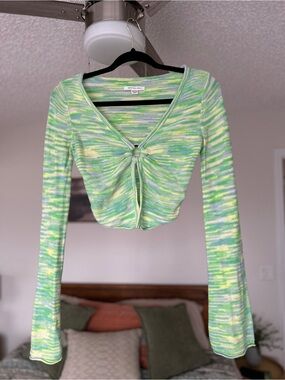 American Eagle Outfitters Green Multi Tie-Front Ribbed Long Sleeve Crop